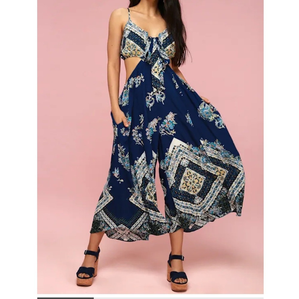 Free People Bella Navy Blue Print Tie-Front Cutout Jumpsuit XS Boho Hippie Flowy